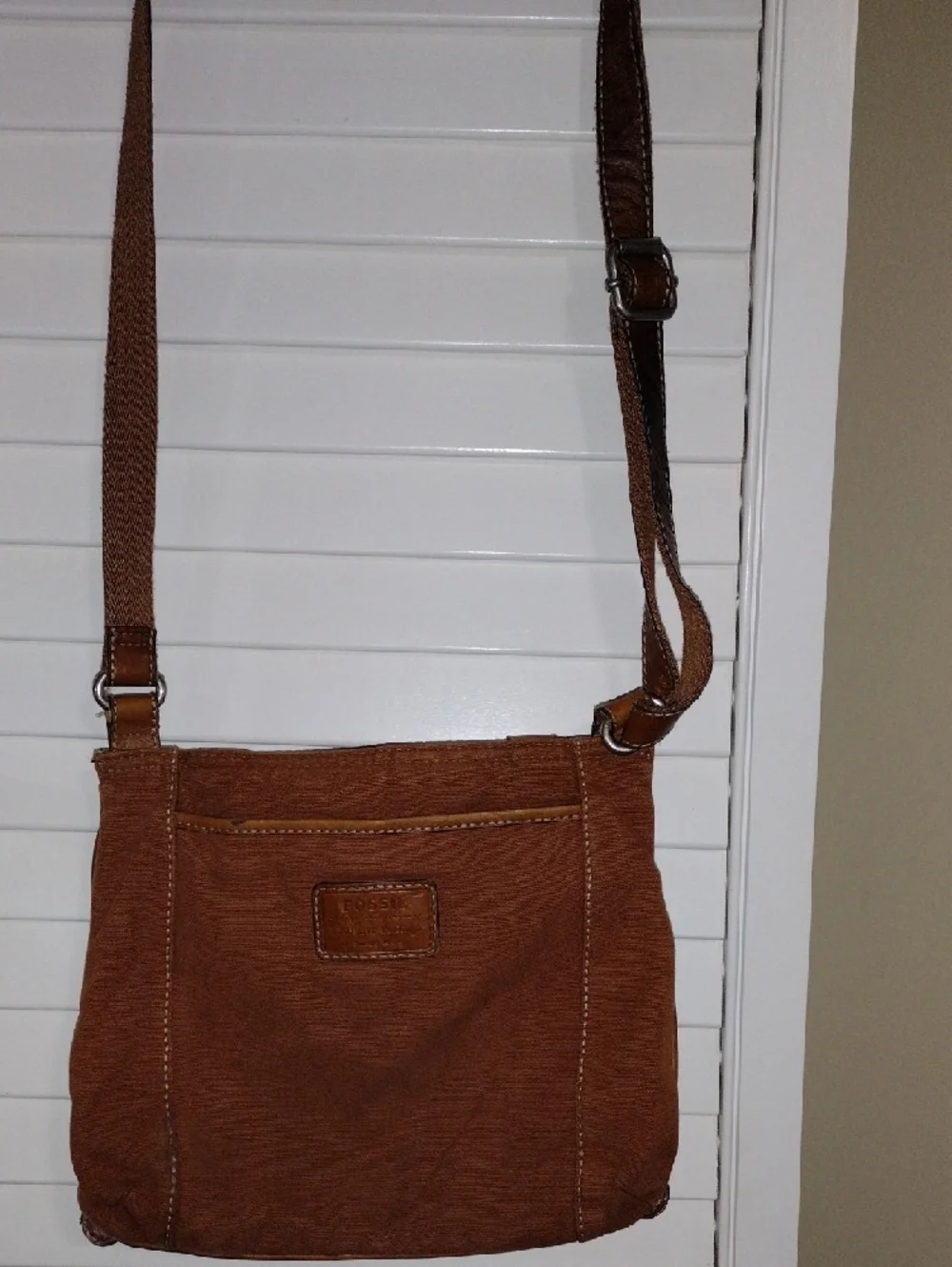 Fossil Rust Brown Canvas Shoulder Bag with Leather Trim